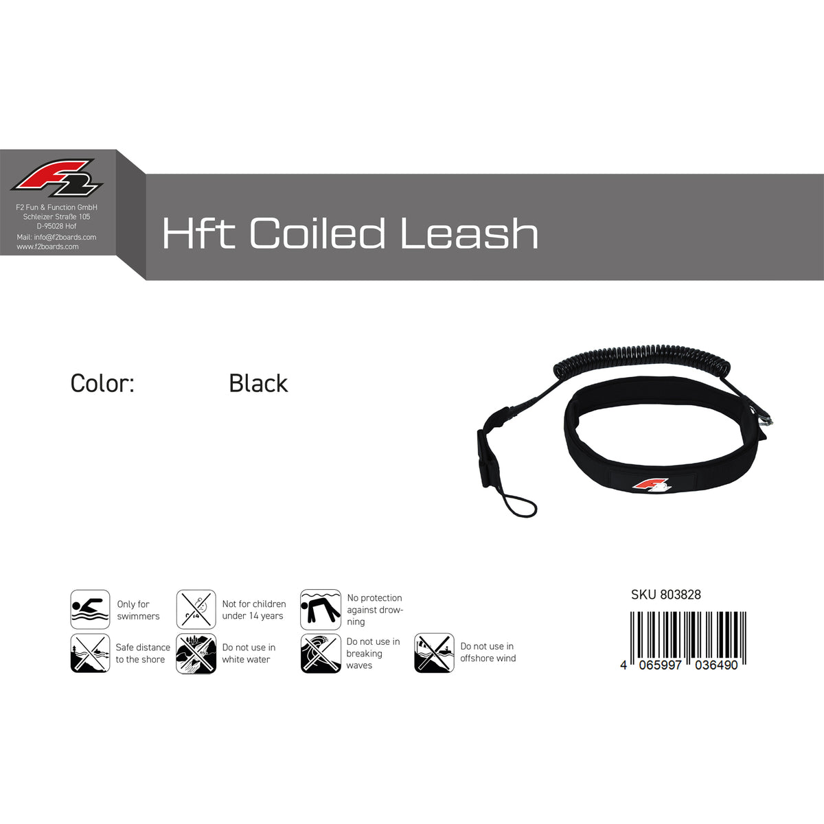 F2   Stand Up Paddling Leash Hüft Coiled Leash   Schwarz
