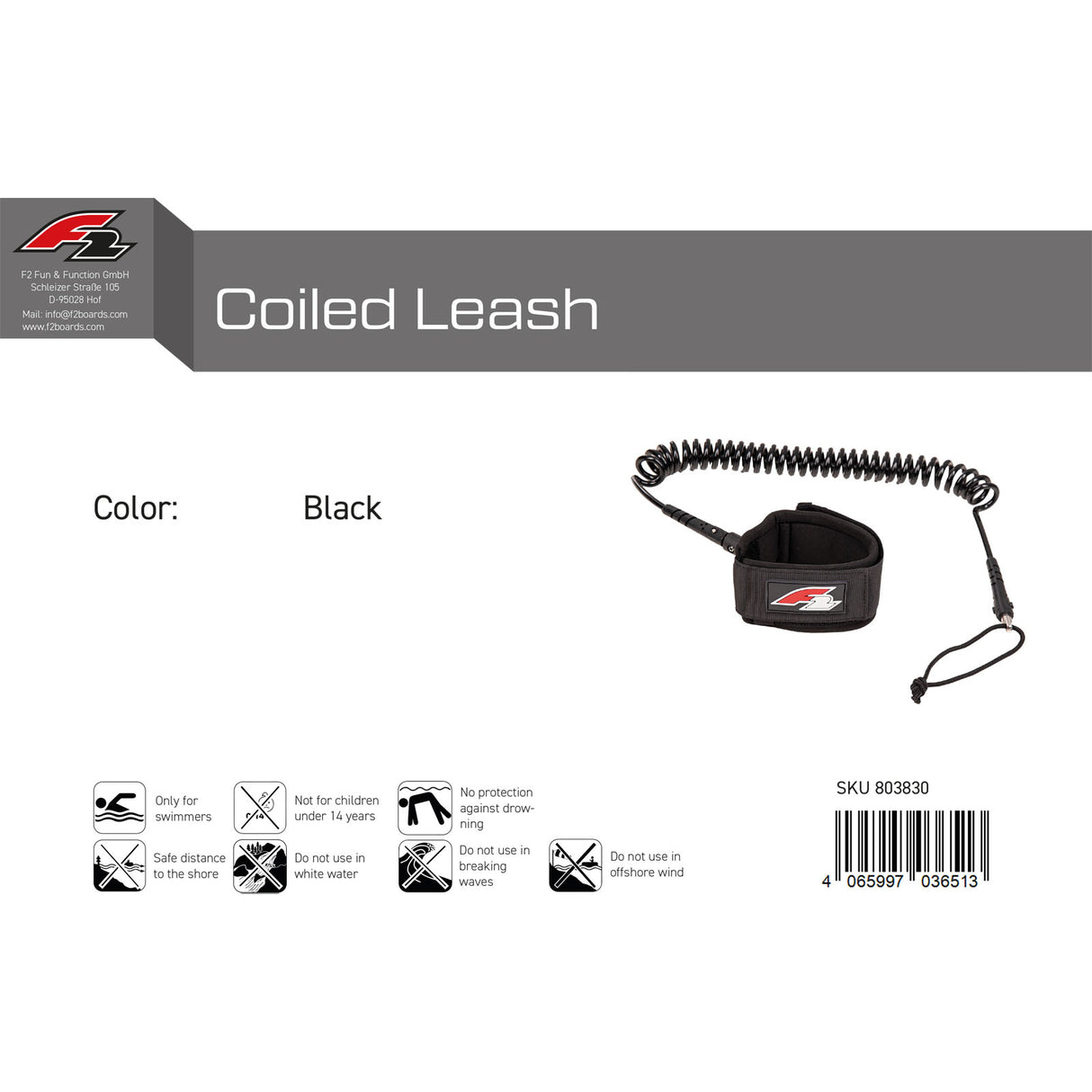 F2   Stand Up Paddling Leash Fuß Coiled Leash   Schwarz