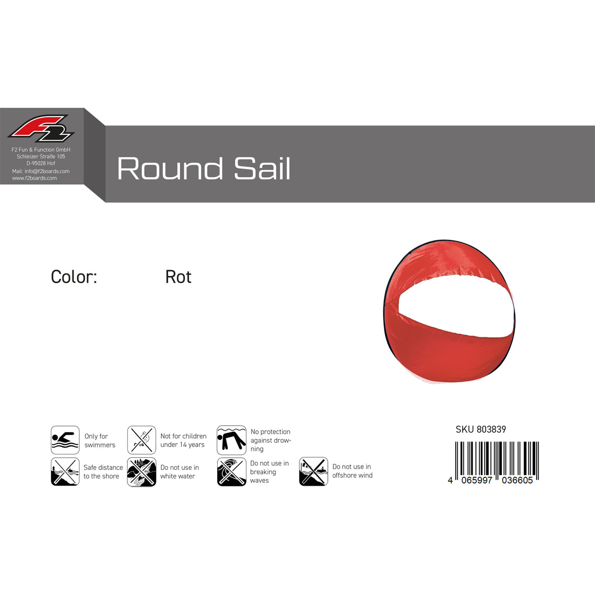 F2 SUP Segel Round Sail Rot/Blau Farbe wählbar