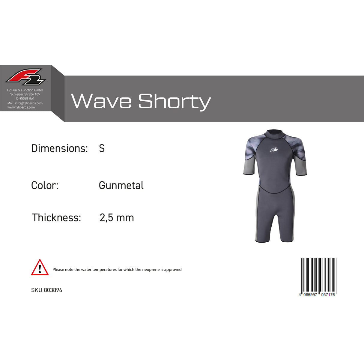 F2 Herren Neopren Anzug Wave Shorty 2,5mm XS-XXL Größe wählbar Anthrazit