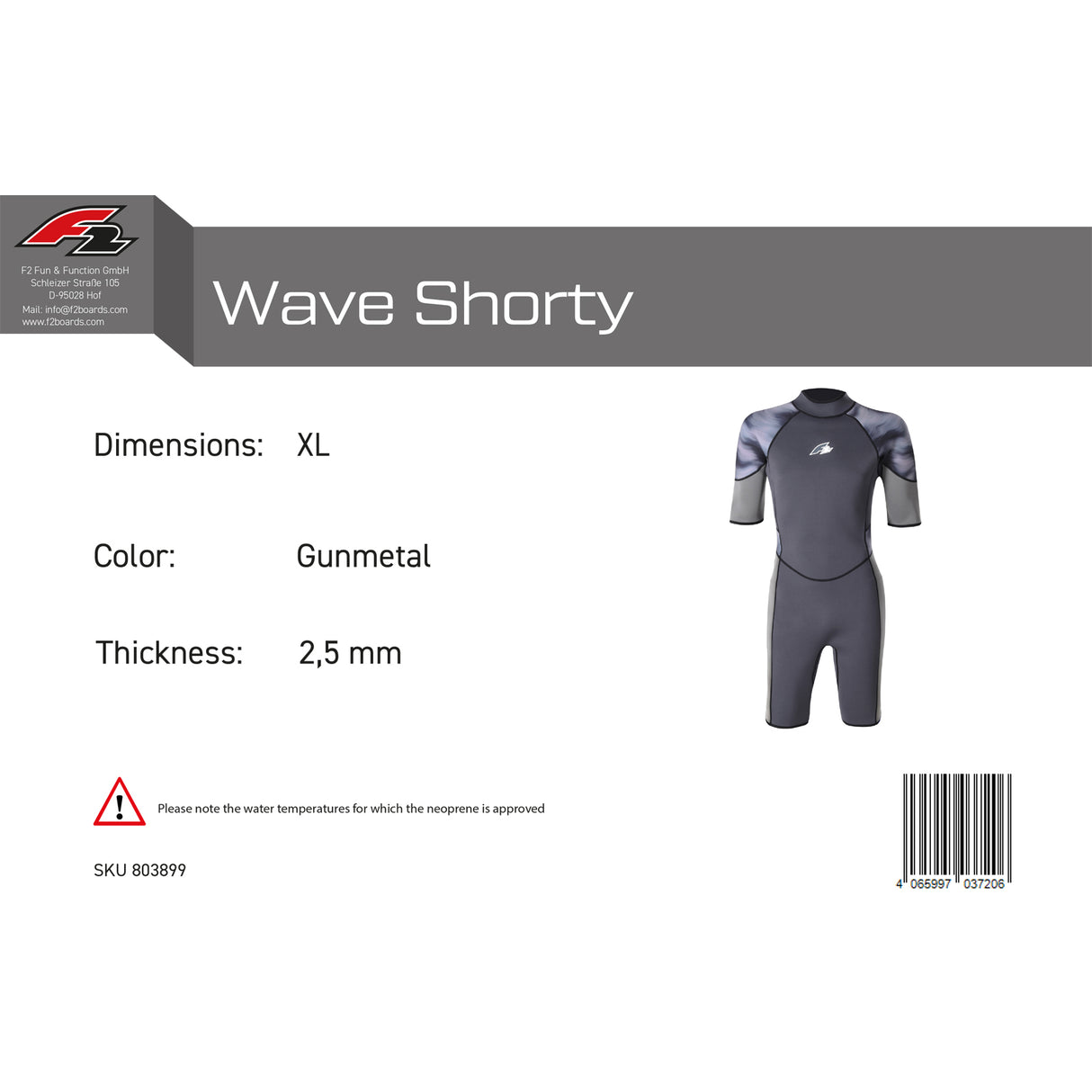 F2 Herren Neopren Anzug Wave Shorty 2,5mm XS-XXL Größe wählbar Anthrazit