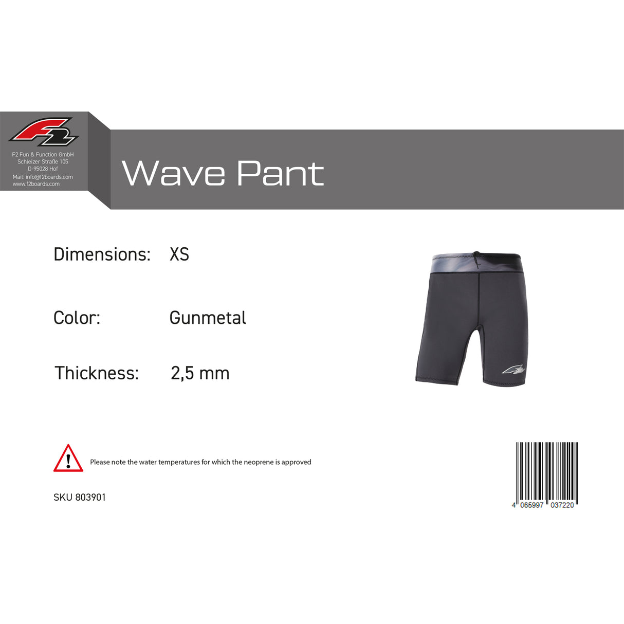 F2 Herren Neopren Hose Wave Pant 2,5mm XS-XXL Größe wählbar Anthrazit