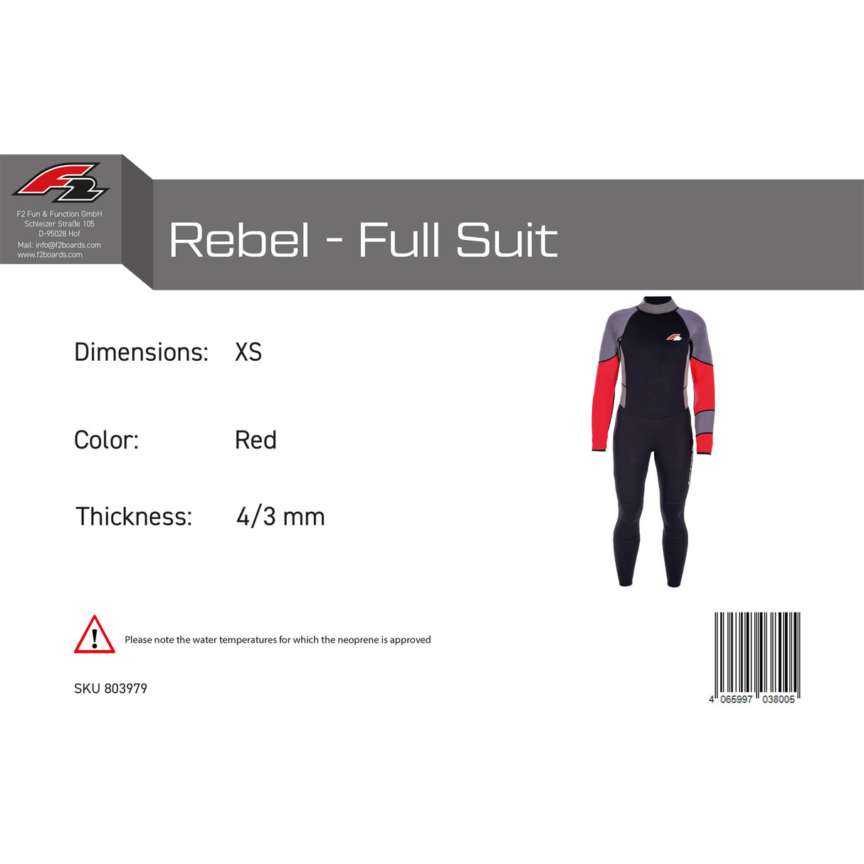 F2 Herren Neopren Anzug Rebel - Full Suit 4/3 mm Farbe/Größe wählbar