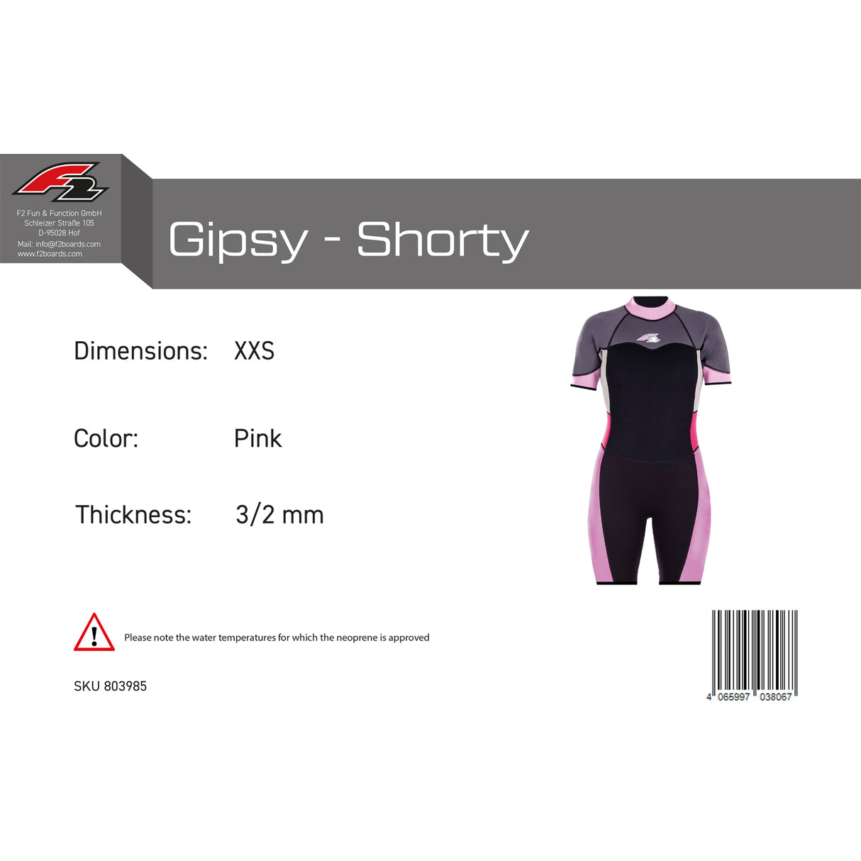 F2 Damen Neopren Anzug Gipsy - Shorty 3/2 mm Farbe/Größe wählbar