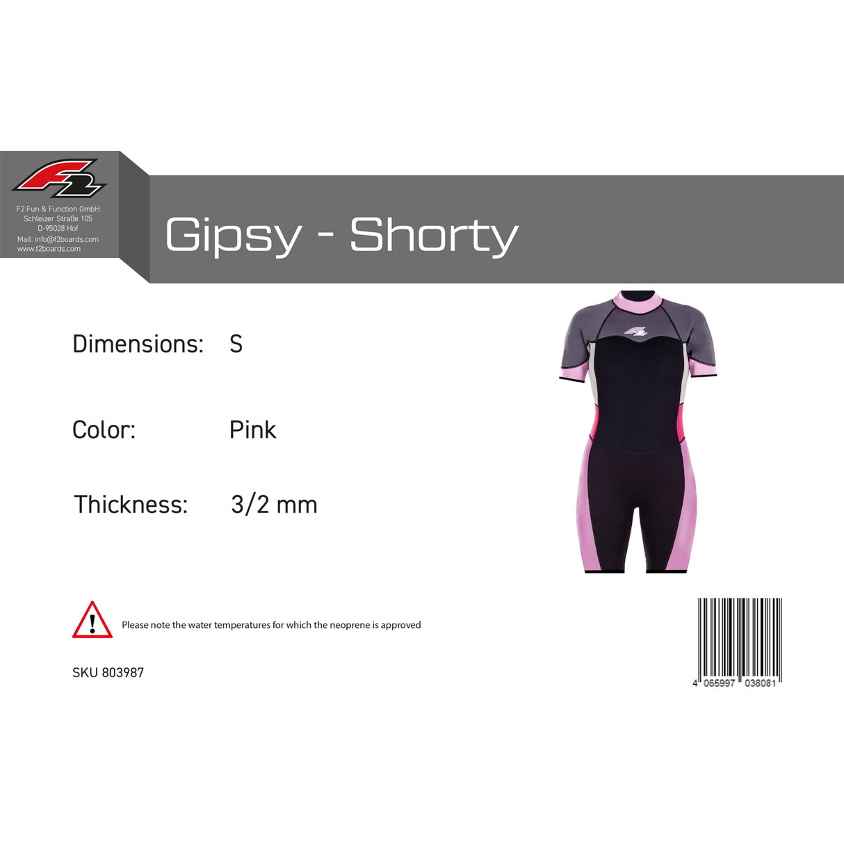 F2 Damen Neopren Anzug Gipsy - Shorty 3/2 mm Farbe/Größe wählbar