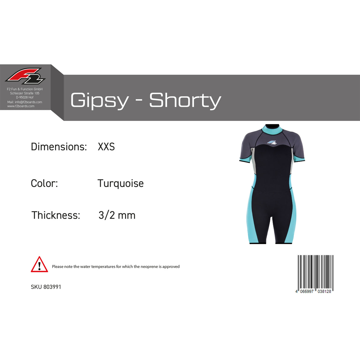 F2 Damen Neopren Anzug Gipsy - Shorty 3/2 mm Farbe/Größe wählbar