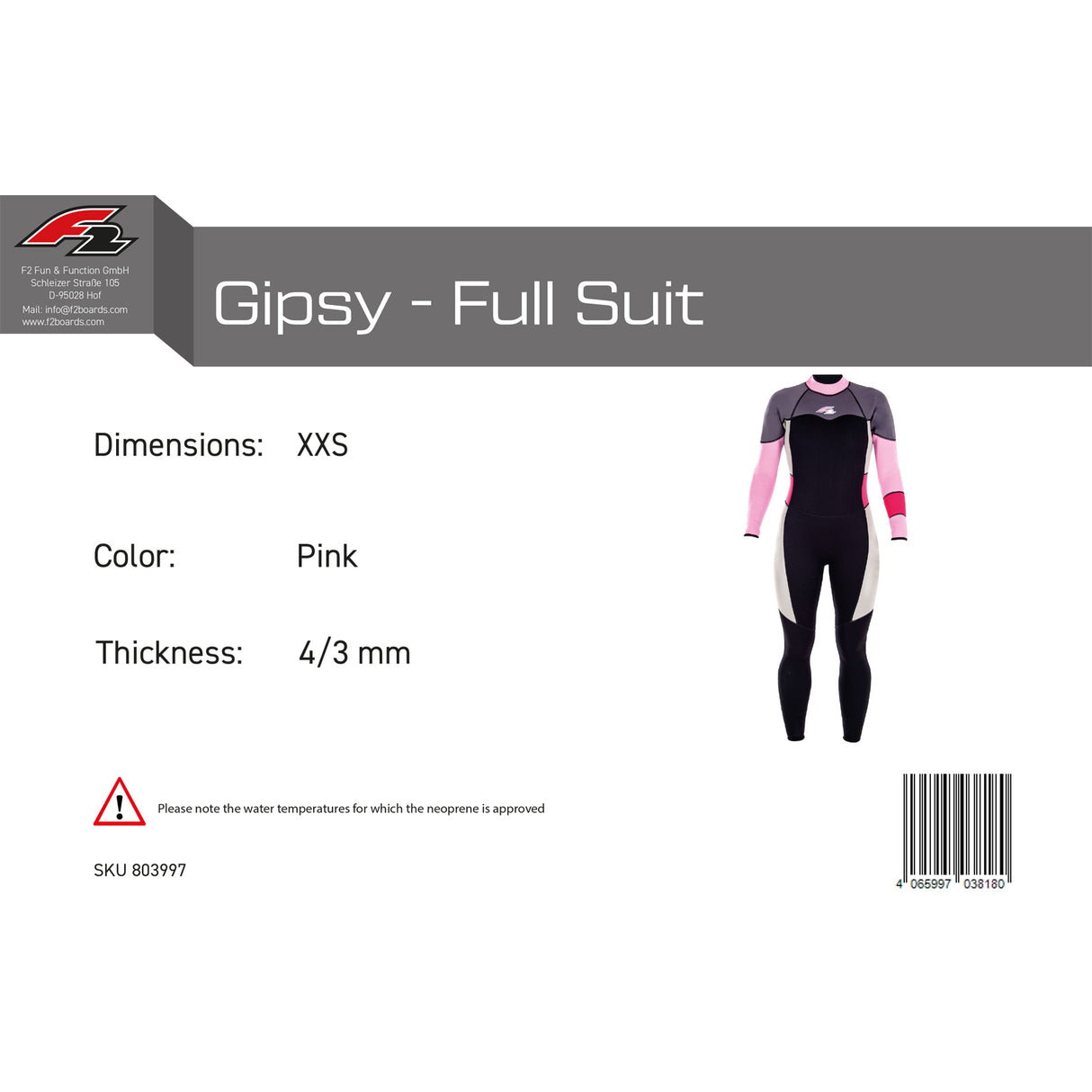F2 Damen Neopren Anzug Gipsy - Full Suit 4/3 mm Farbe/Größe wählbar
