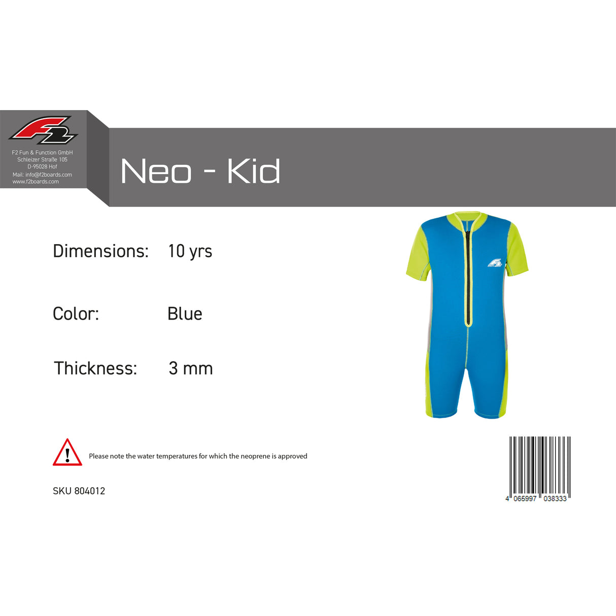 F2 Junior Neopren Anzug Neo - Kid  3mm  4-14yrs Größe wählbar Blau
