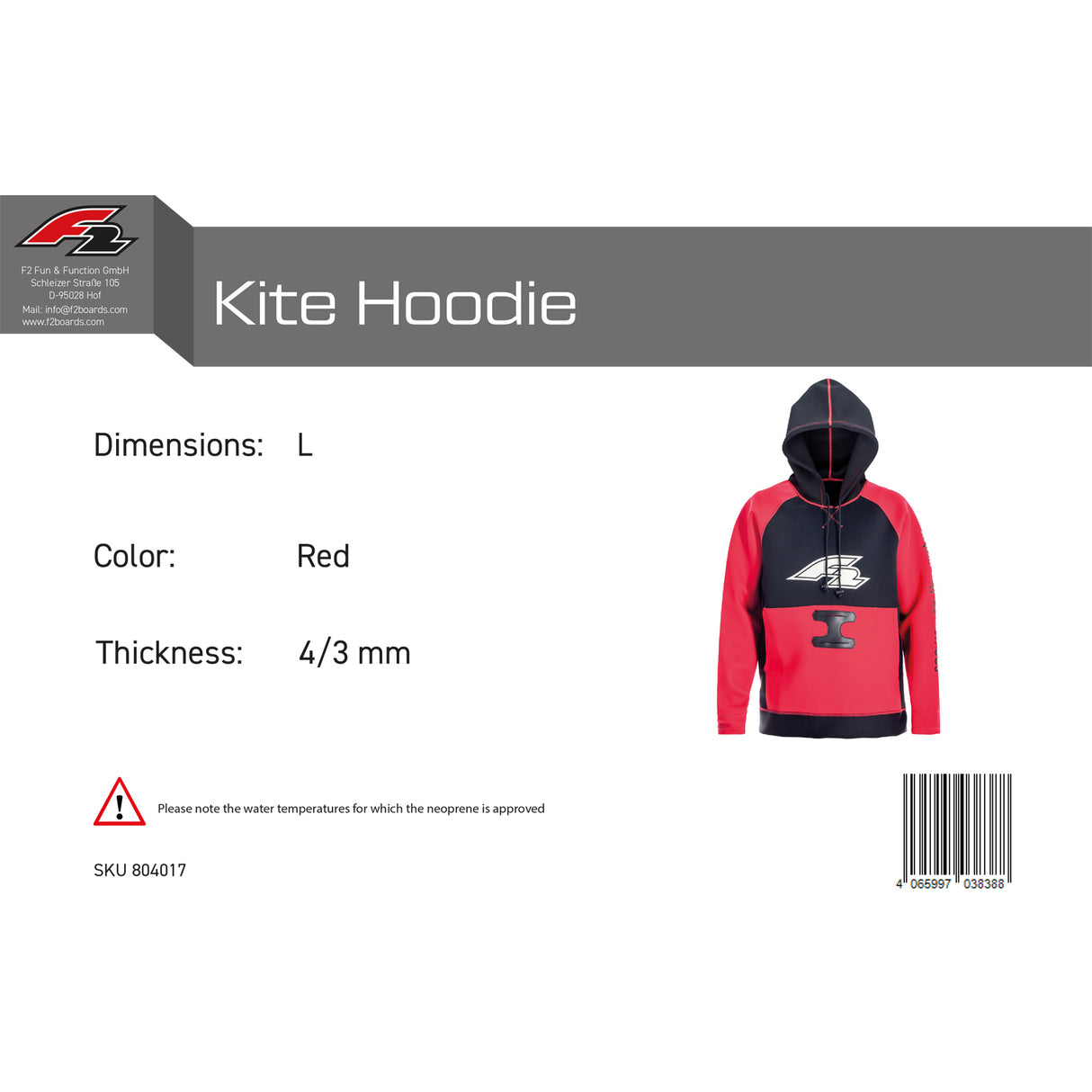 F2 Neopren Oberteil Kite Hoodie 4/3mm Farbe/Größe wählbar