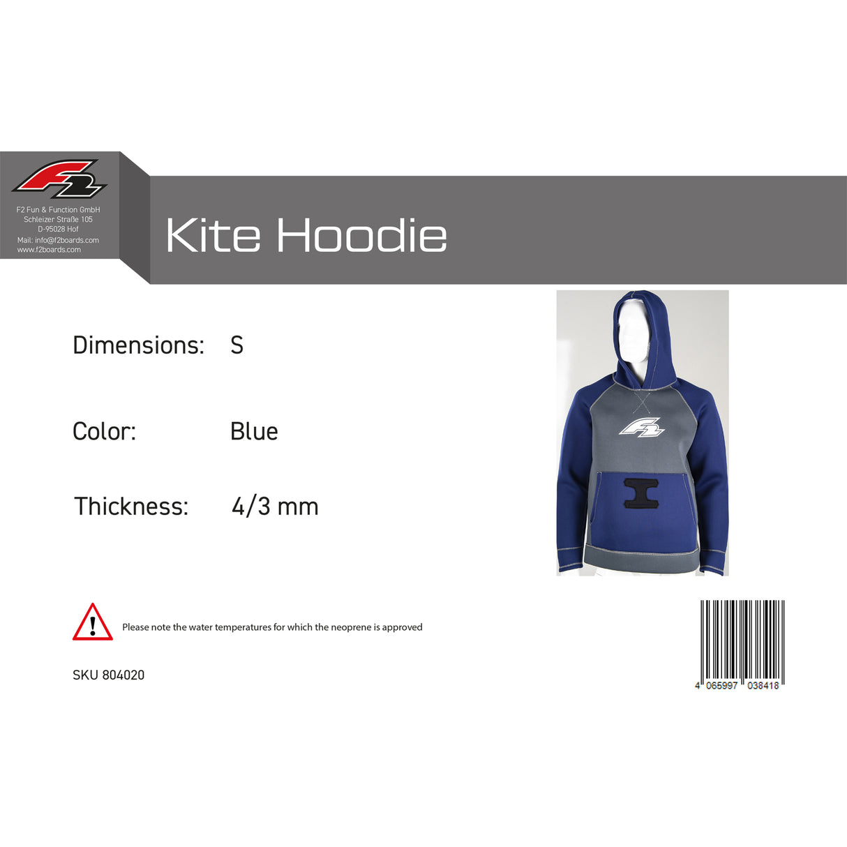 F2 Neopren Oberteil Kite Hoodie 4/3mm Farbe/Größe wählbar