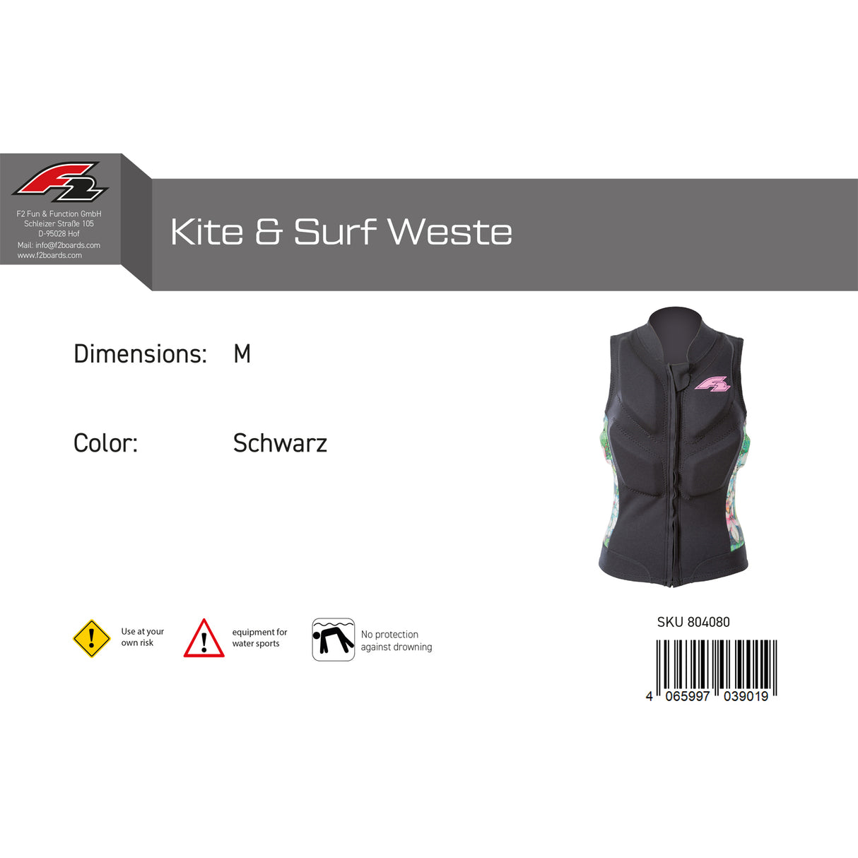 F2 Damen Prallschutz Weste Kite & Surf Weste S-XXL Größe wählbar Schwarz