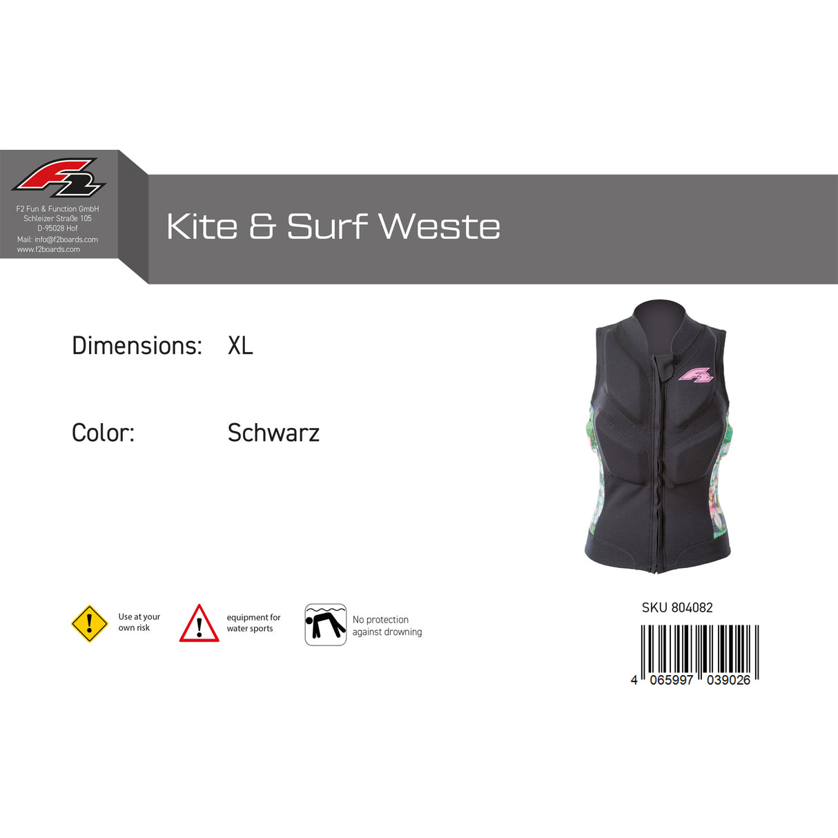 F2 Damen Prallschutz Weste Kite & Surf Weste S-XXL Größe wählbar Schwarz