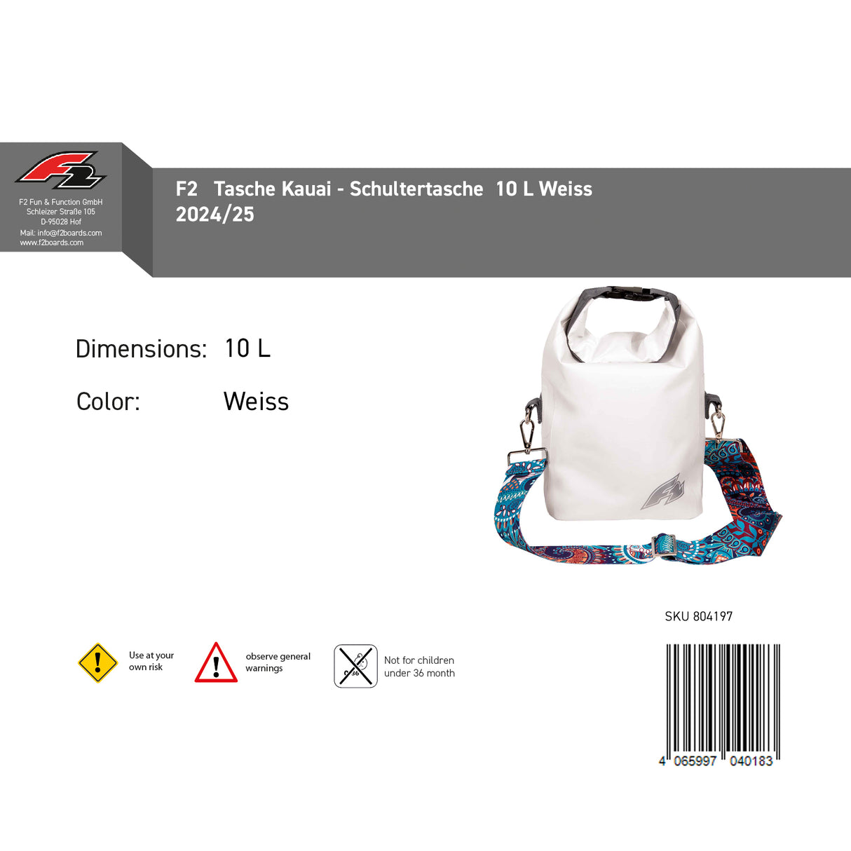 F2 Tasche Kauai - Schultertasche 6L/10L wählbar Weiss