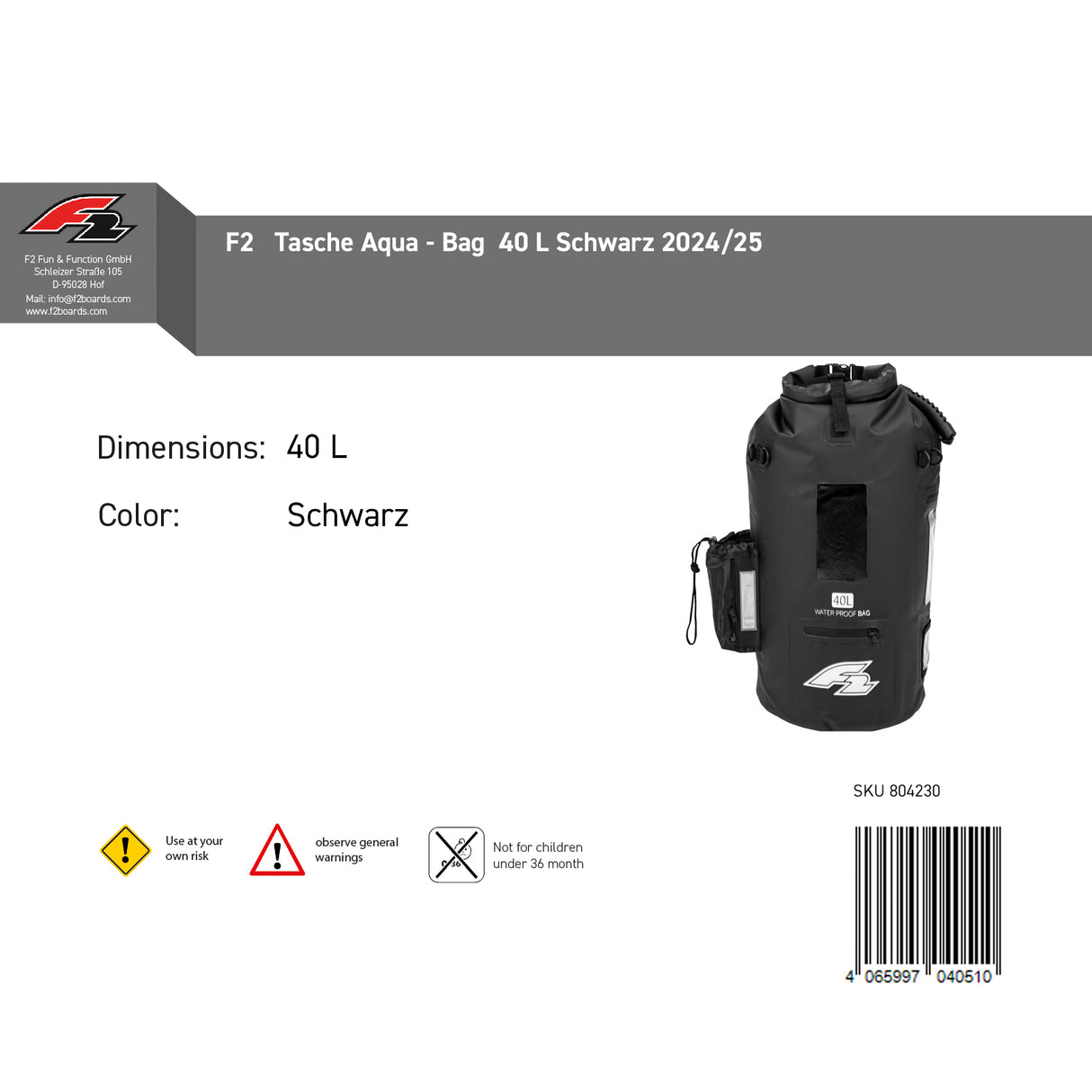 F2 Tasche Aqua - Bag 40L Schwarz/Blau Farbe wählbar