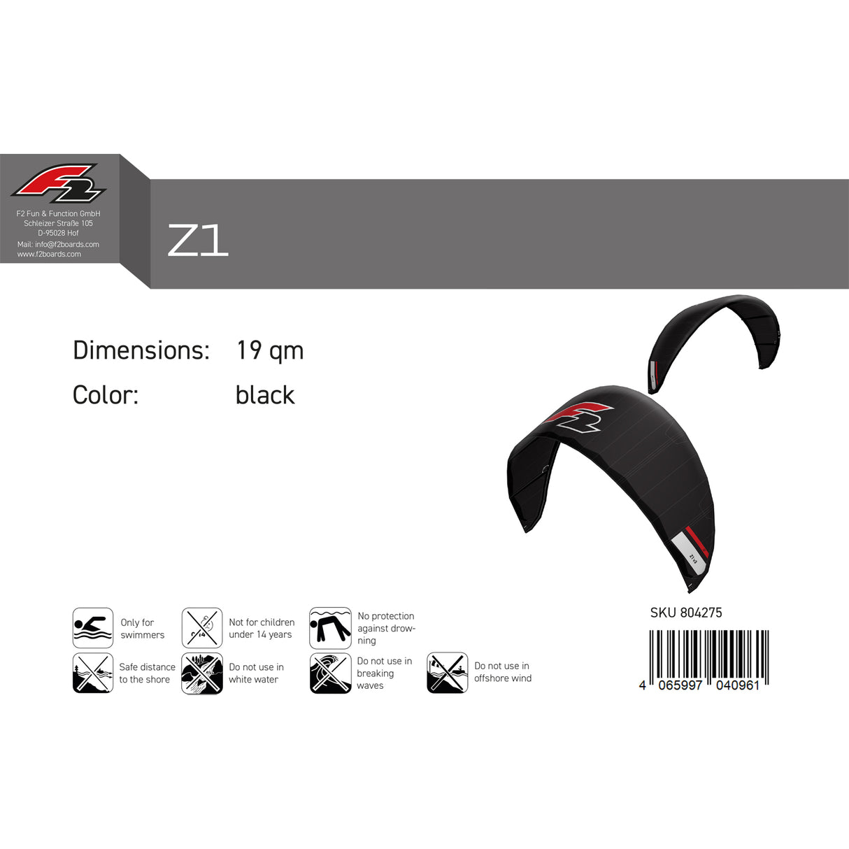 F2 Kite Z1 V3 17-19qm Größe wählbar Schwarz