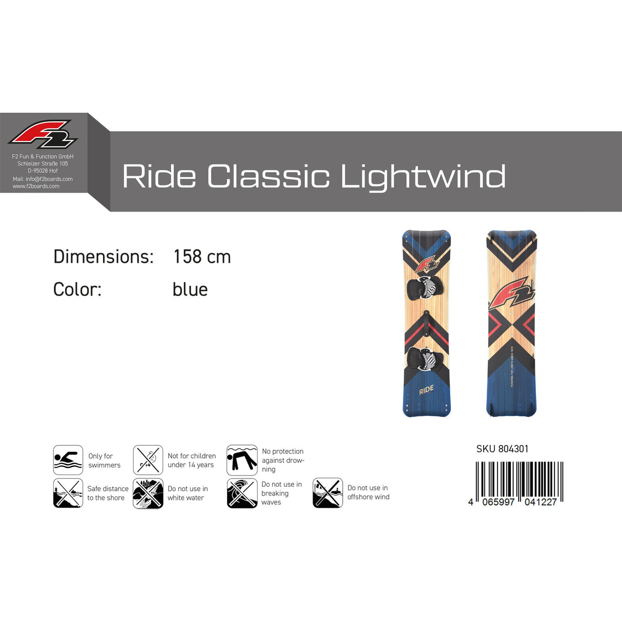 F2 Kiteboard Ride Classic Lightwind Wood Größe/Farbe wählbar