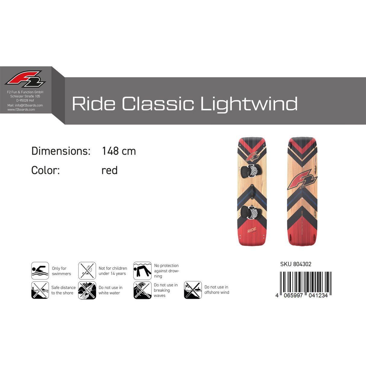 F2 Kiteboard Ride Classic Lightwind Wood Größe/Farbe wählbar