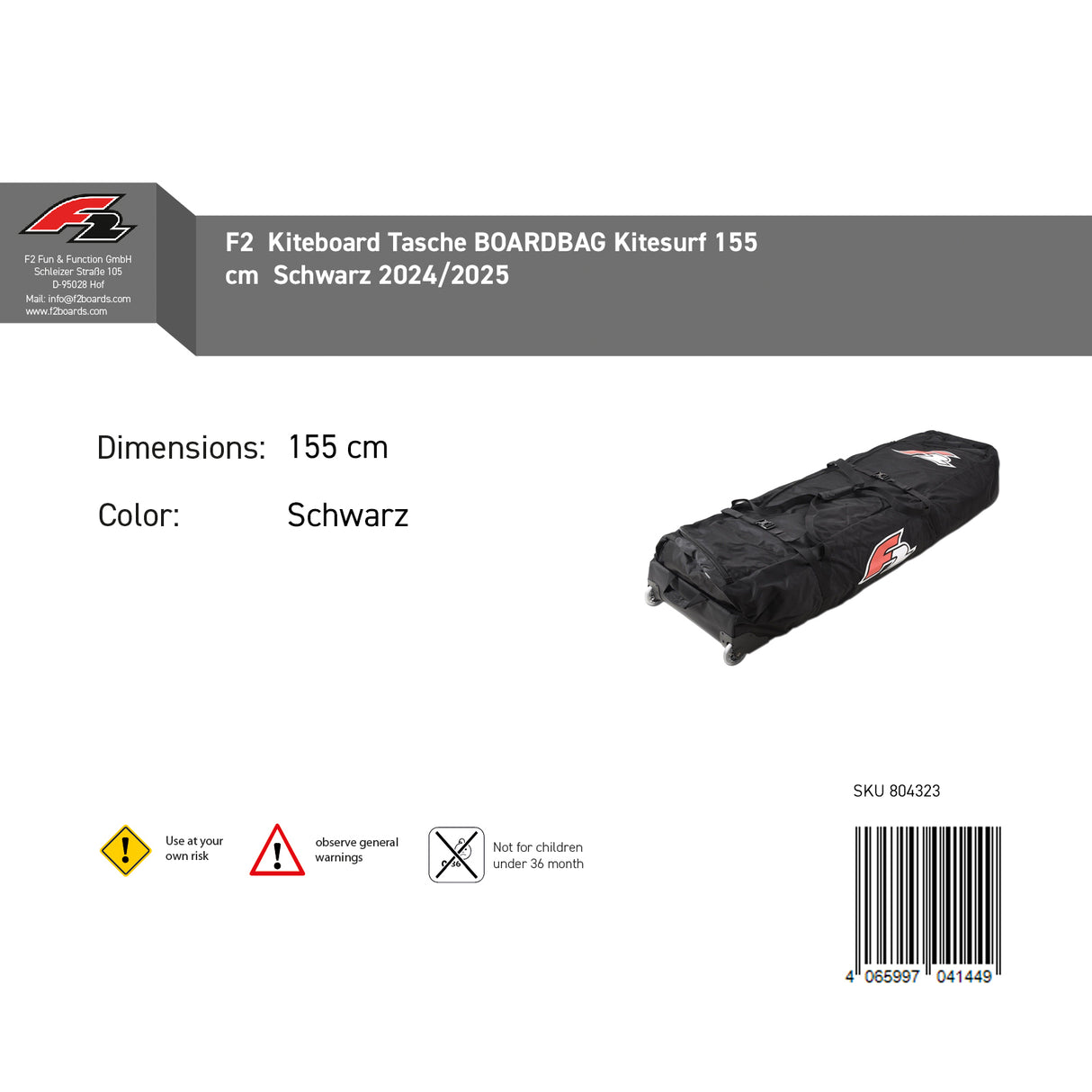 F2 Kiteboard Tasche BOARDBAG Kitesurf 155cm/170cm Größe wählbar Schwarz
