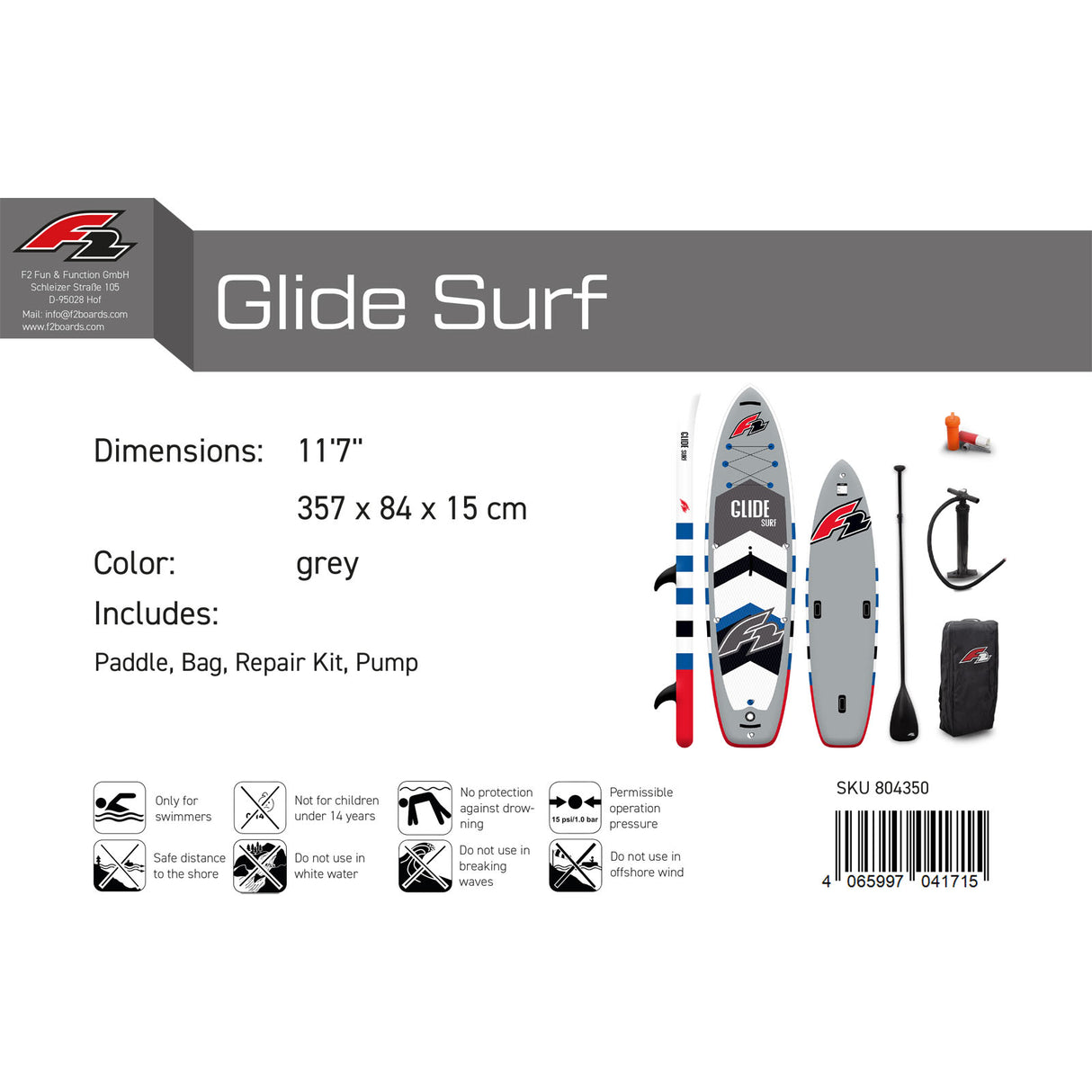 F2  SUP Stand Up Paddle Board Glide Surf 10'2''/10'8"/11'7" wählbar Grau