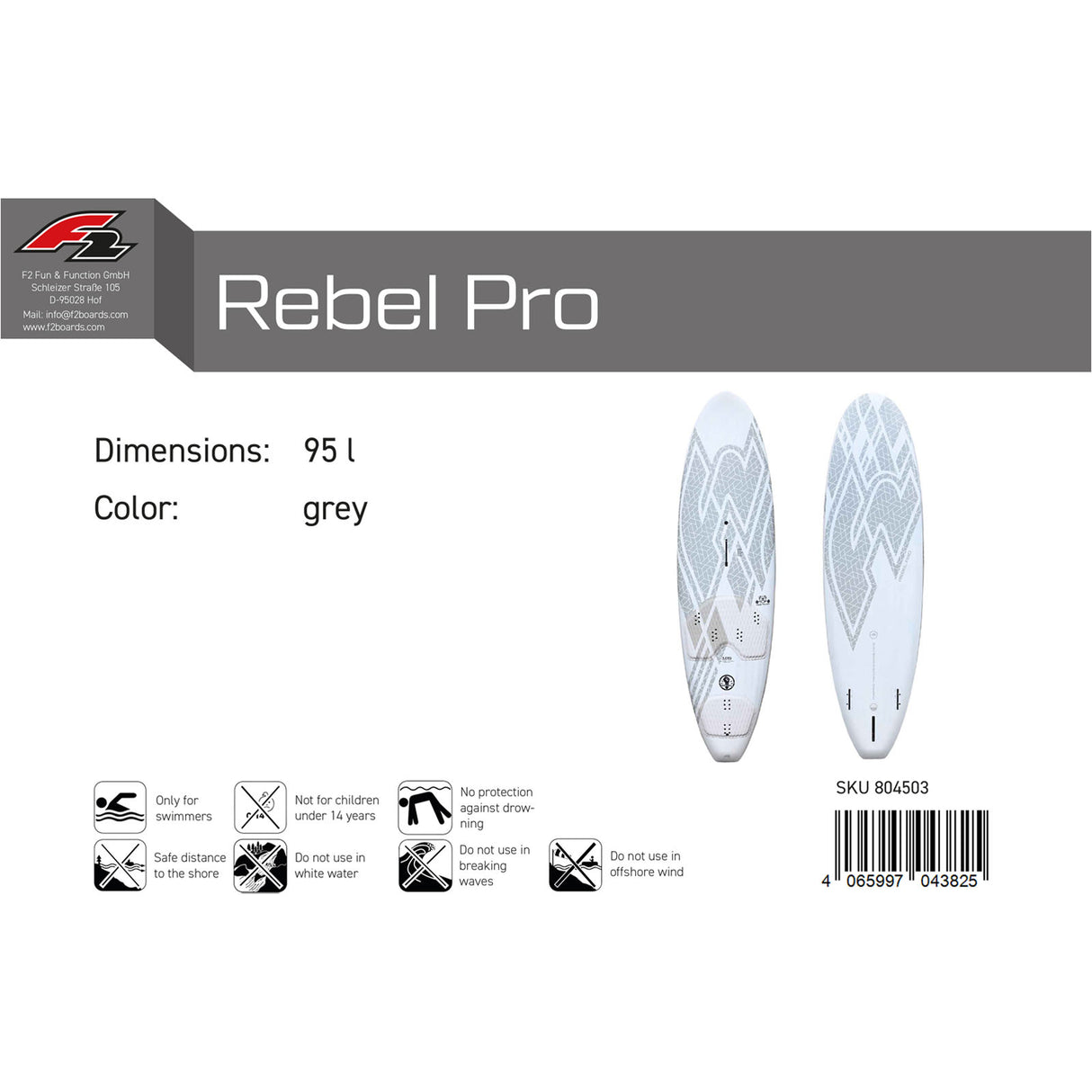 F2 Windsurfboard Rebel Pro Pro 85-125L Größe wählbar Grau