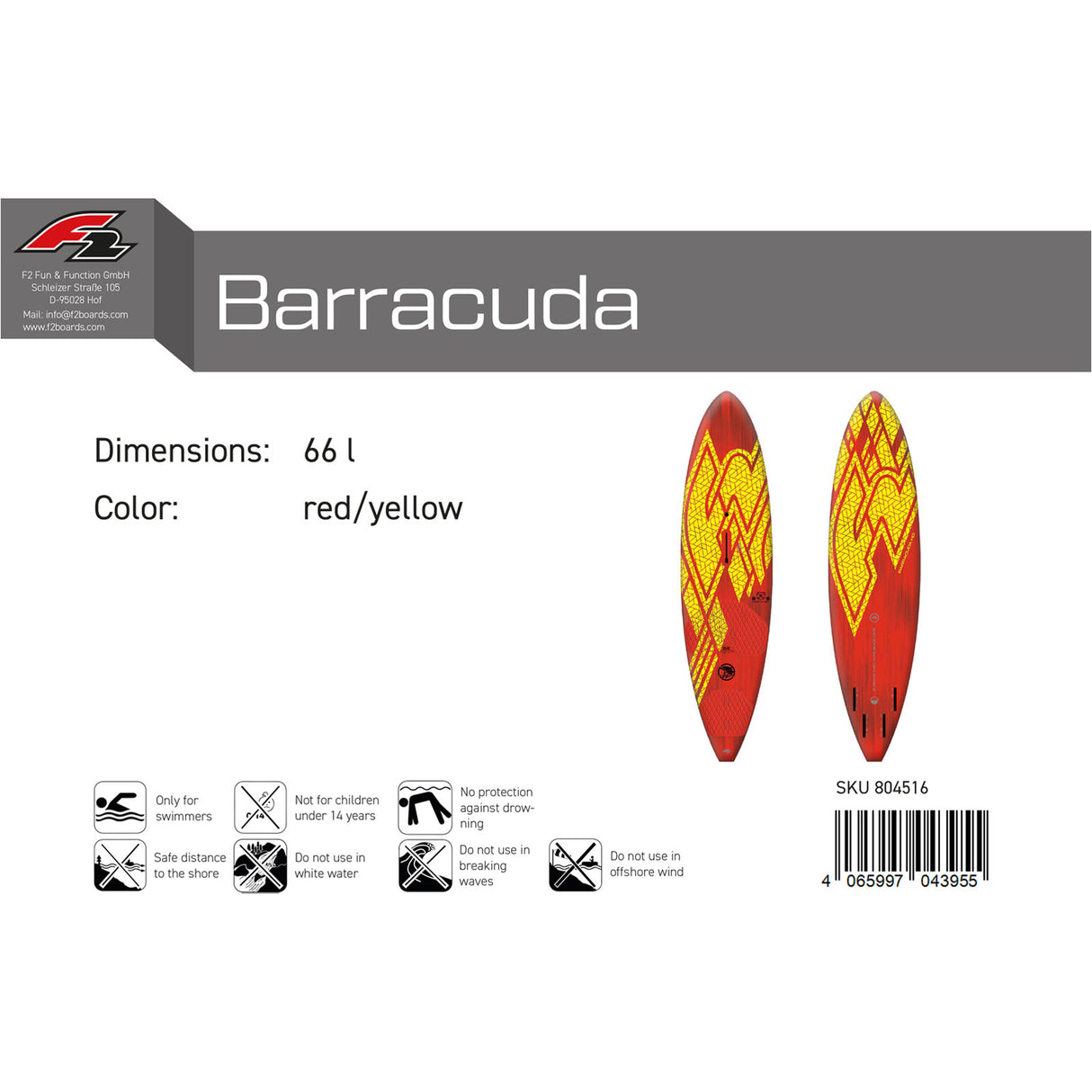 F2 Junior Windsurfboard Barracuda HD Youth 52-66L wählbar Rot/Gelb