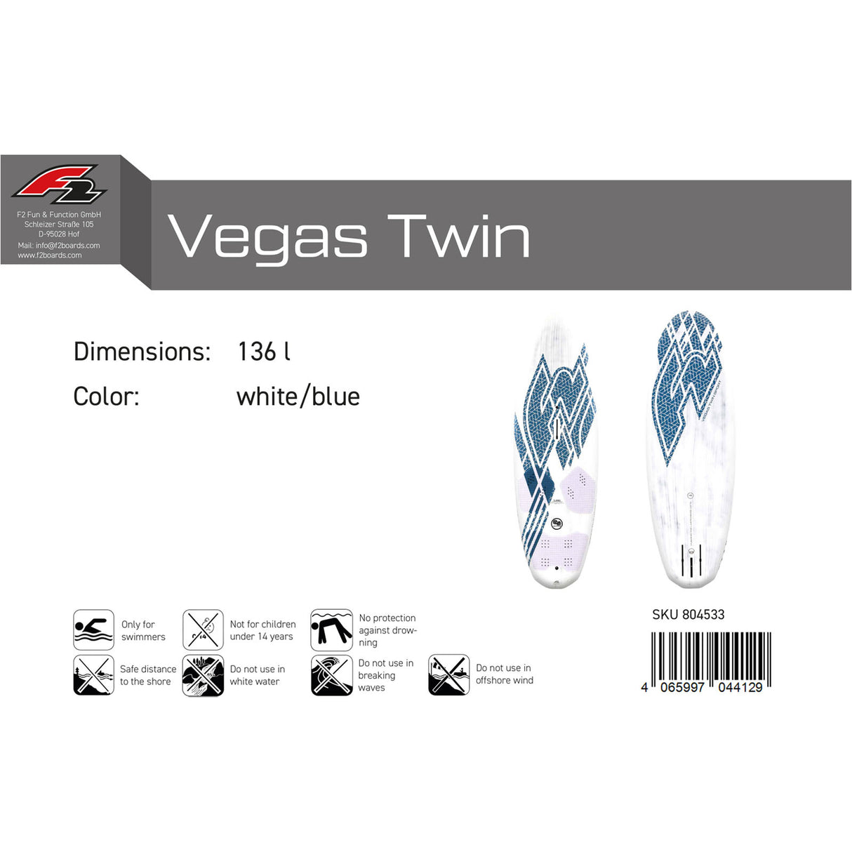 F2 Windsurfboard Vegas Twin Sport 126-156L Größe wählbar Weiss/Blau