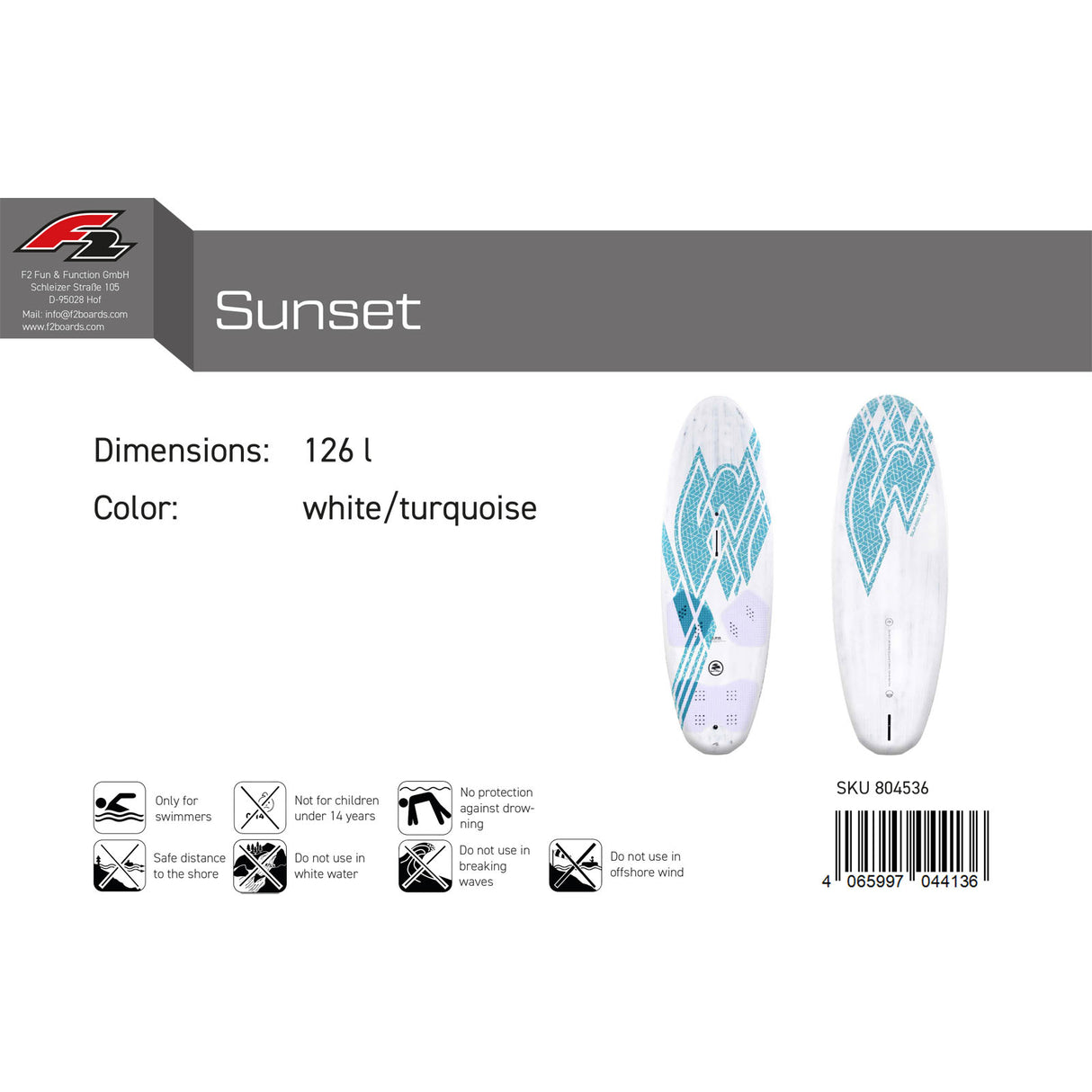 F2 Windsurfboard Sunset Sport 126-151L Größe wählbar Weiss/Blau