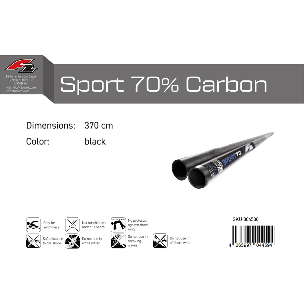 F2  Windsurf Mast Sport 70% Carbon RDM 270-460cm Größe wählen Schwarz