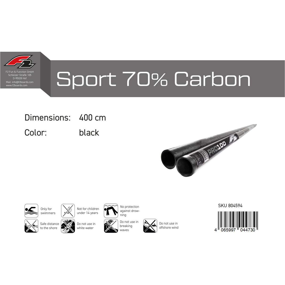 F2  Windsurf Mast Sport 100% Carbon RDM 310-460cm Größe wählen Schwarz