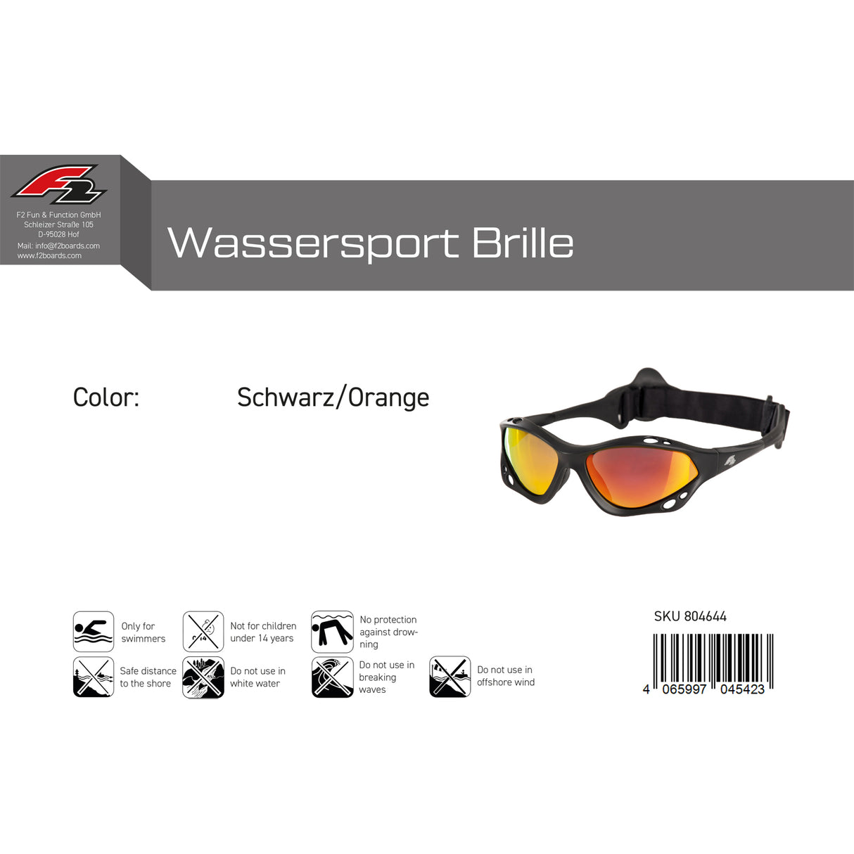 F2 Brille Wassersport Brille Farbe wählbar