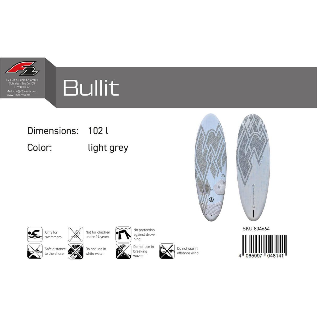 F2 Windsurfboard Bullit Pro 102-142L Größe wählbar Grau