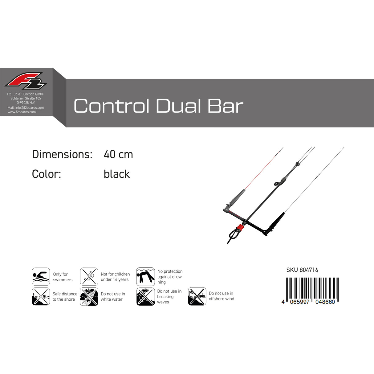 F2  Kitesurf Bar Control Dual Bar  46 cm Schwarz 2024/25