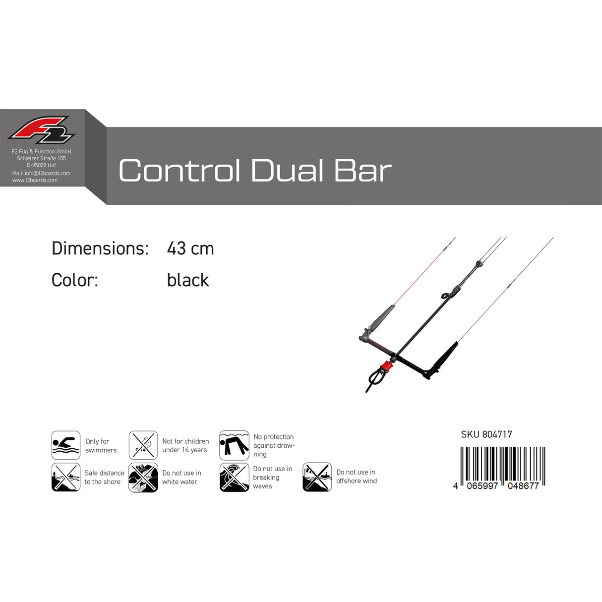 F2  Kitesurf Bar Control Dual Bar  52 cm Schwarz 2024/25