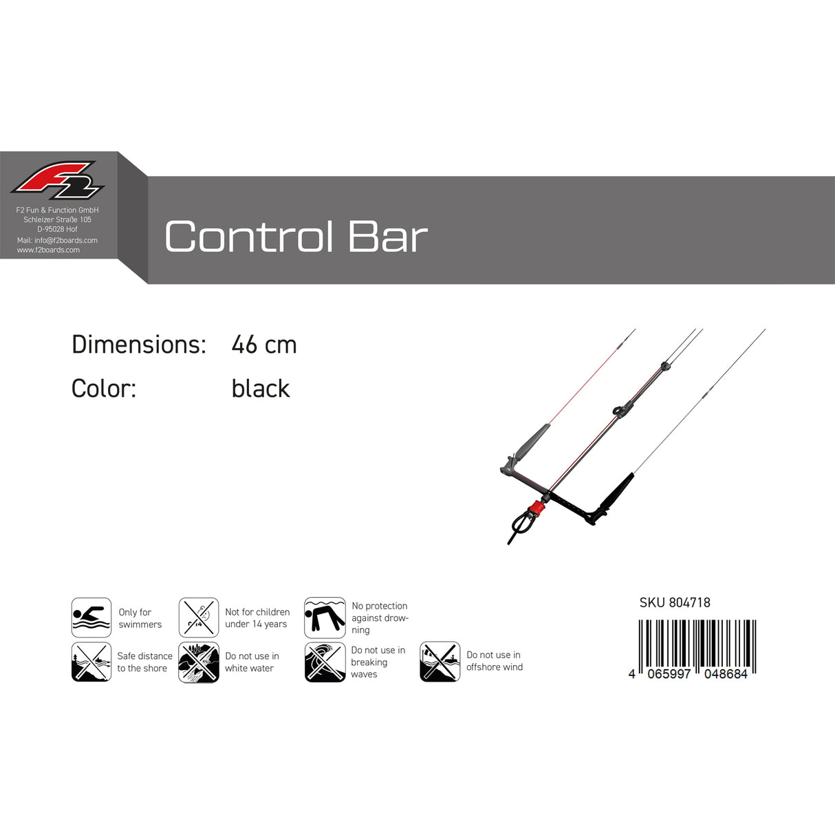 F2  Kitesurf Bar Control Bar  46 cm Schwarz
