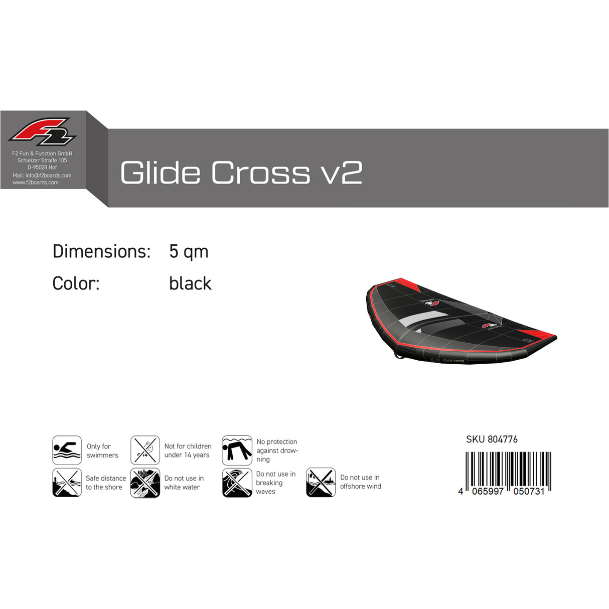 F2 Wing Glide Cross  Stiff Handle 3,5-7,5qm Größe wählbar Schwarz