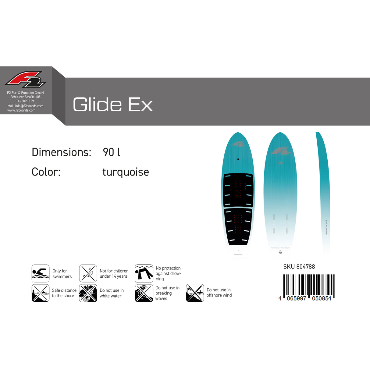 F2 Foil Board Glide Ex Downwind Hardsup 90-135L wählbar Türkis