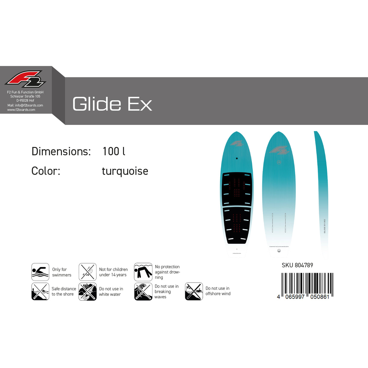 F2 Foil Board Glide Ex Downwind Hardsup 90-135L wählbar Türkis