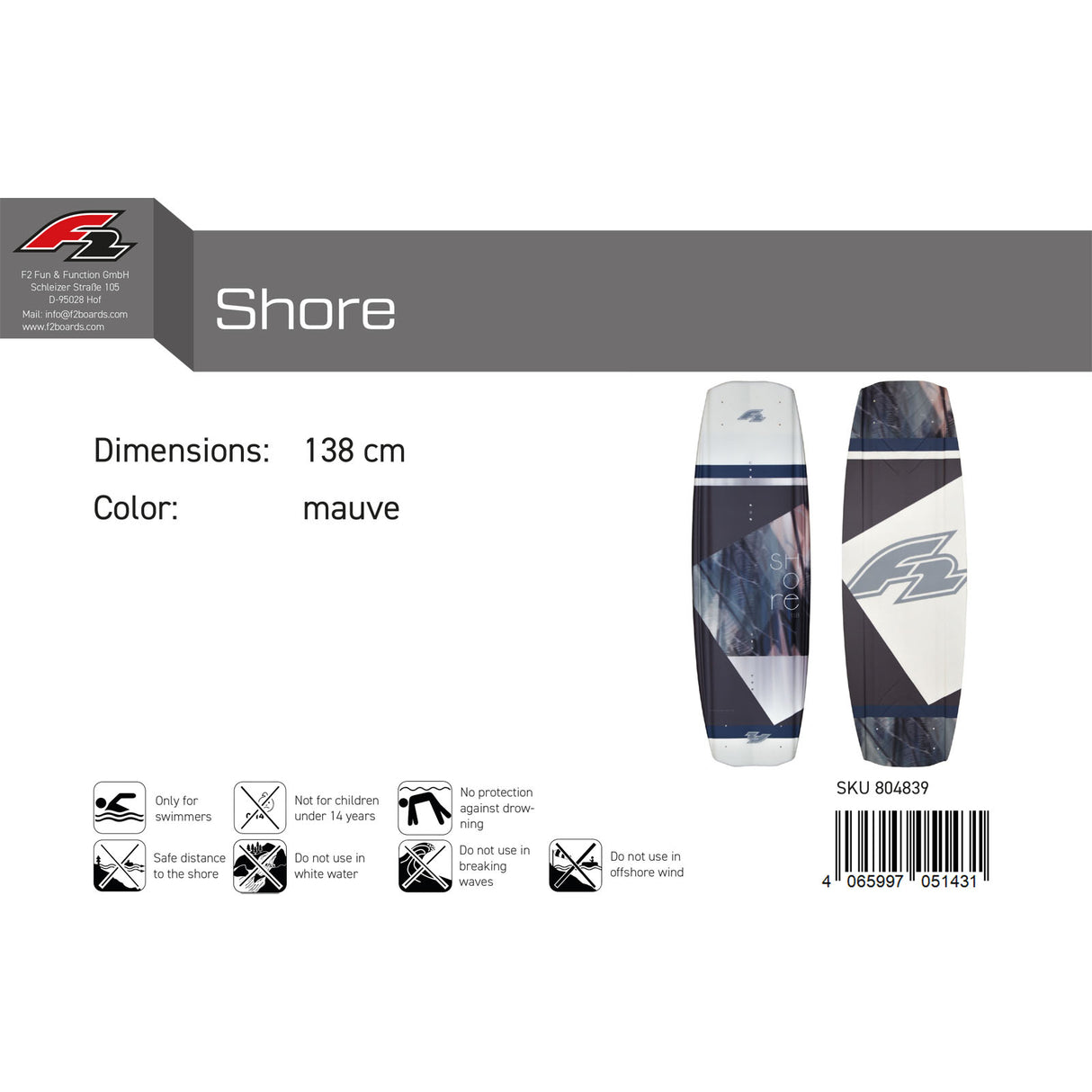 F2 Wakeboard Shore Größe/Farbe wählbar