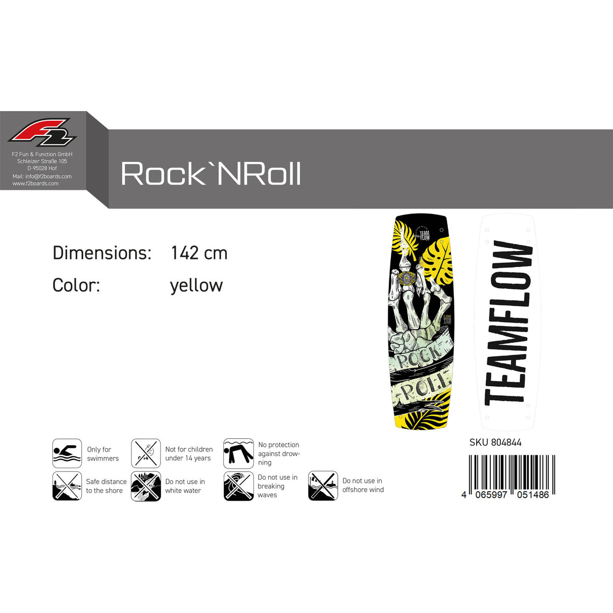 F2 Wakeboard Rock`N´Roll Team Flow 136-148cm Größe wählbar Gelb