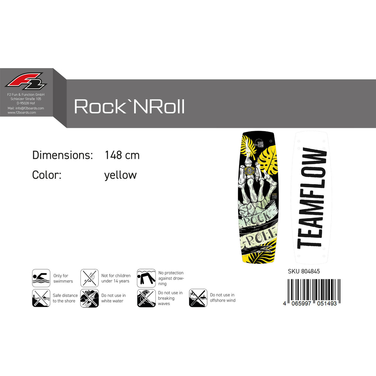 F2 Wakeboard Rock`N´Roll Team Flow 136-148cm Größe wählbar Gelb