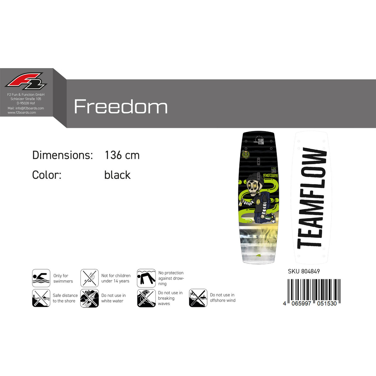 F2 Wakeboard Freedom Team Flow 136-148cm Größe wählbar Schwarz