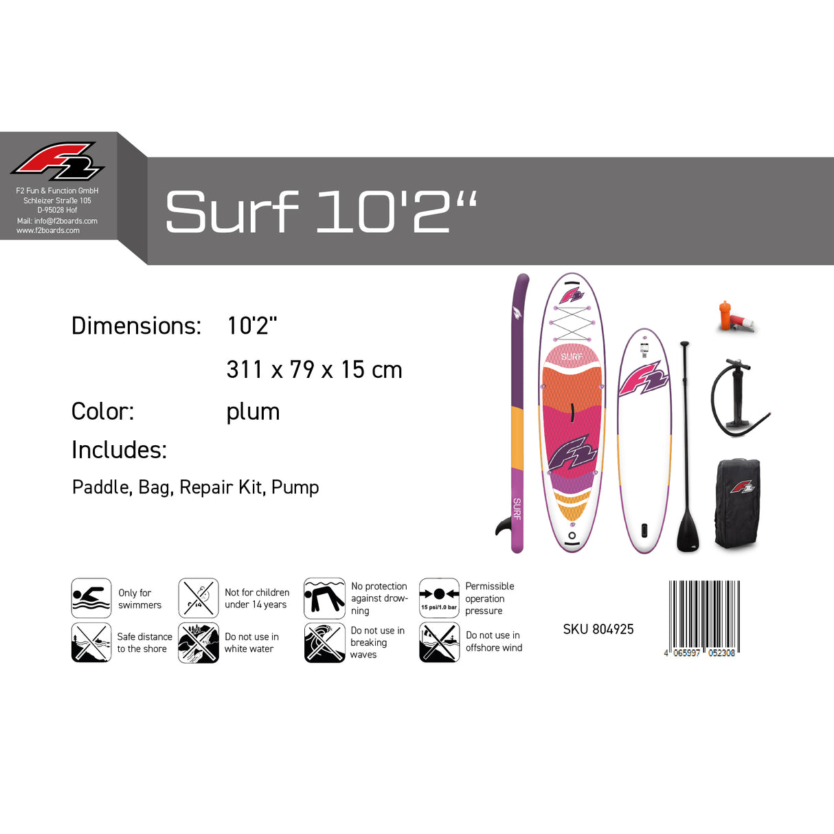 F2 Stand Up Paddle Board Surf SUP Damen 10'2"/10'6" Lila Größe wählbar