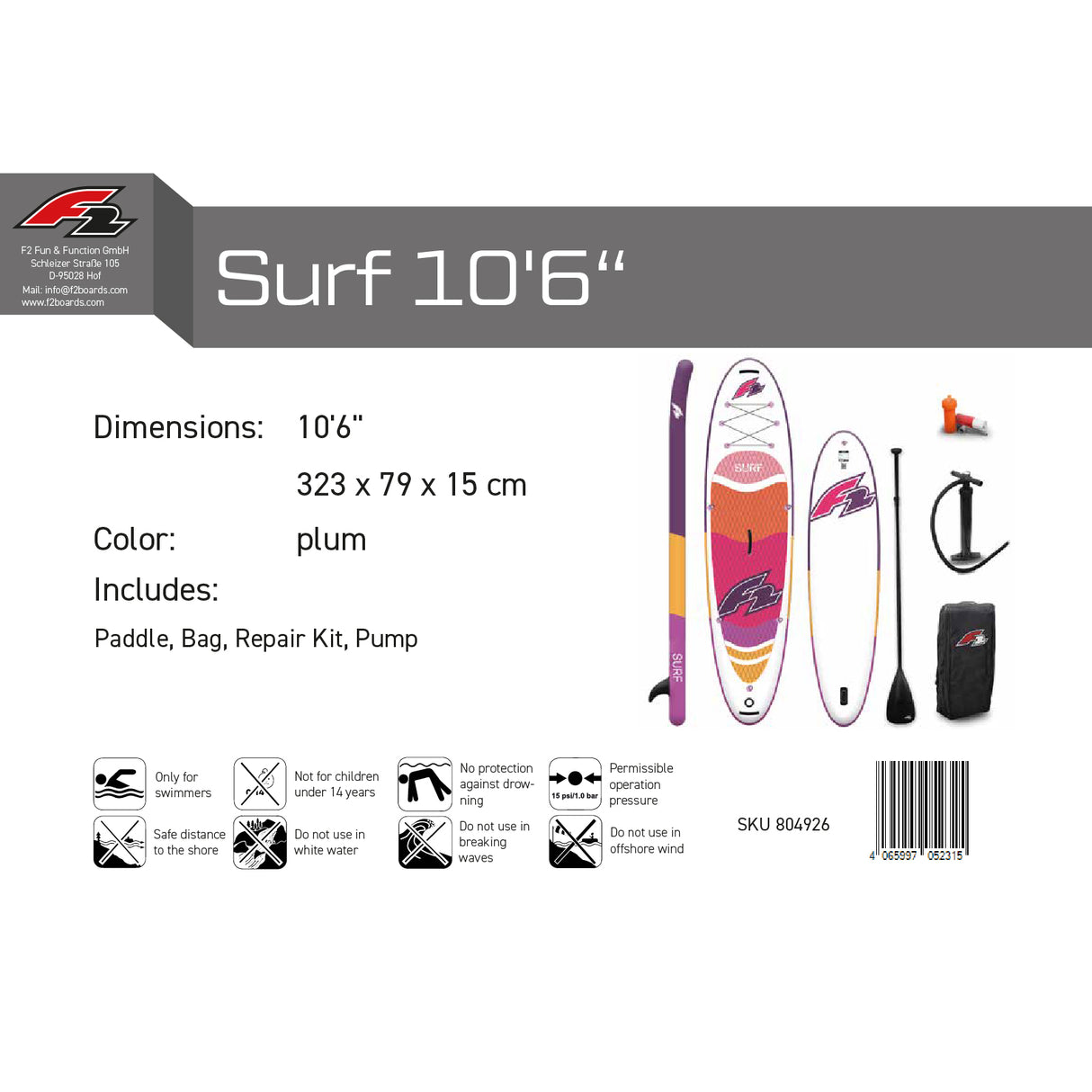 F2 Stand Up Paddle Board Surf SUP Damen 10'2"/10'6" Lila Größe wählbar