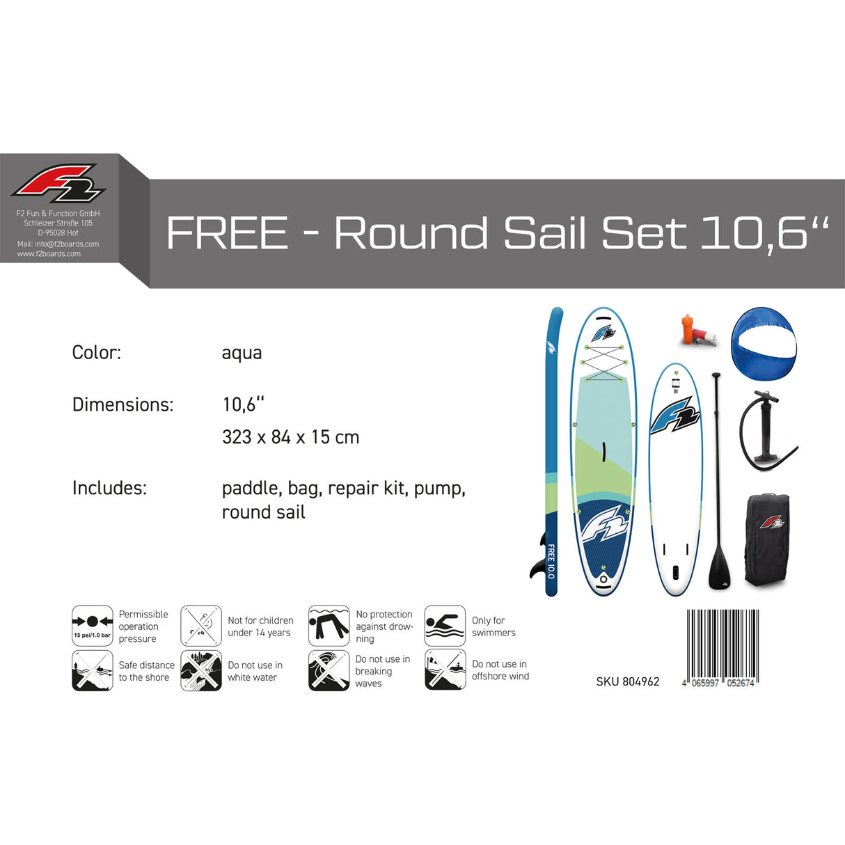 F2 Stand Up Paddle Board FREE - Round Sail - SET SUP Größe wählbar Aqua