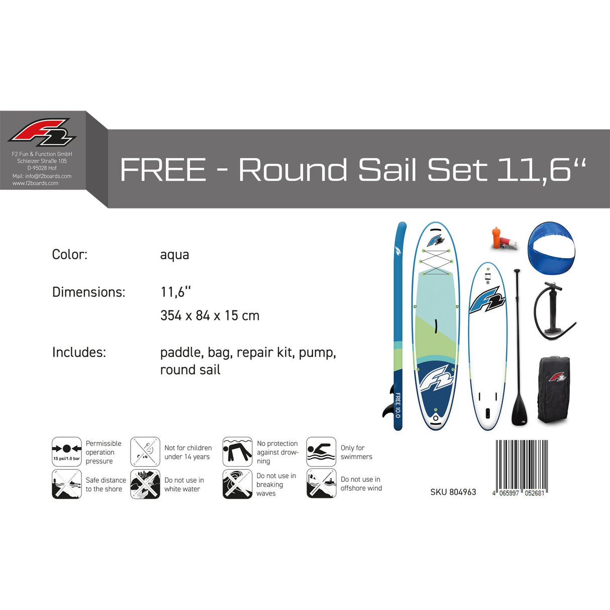 F2 Stand Up Paddle Board FREE - Round Sail - SET SUP Größe wählbar Aqua