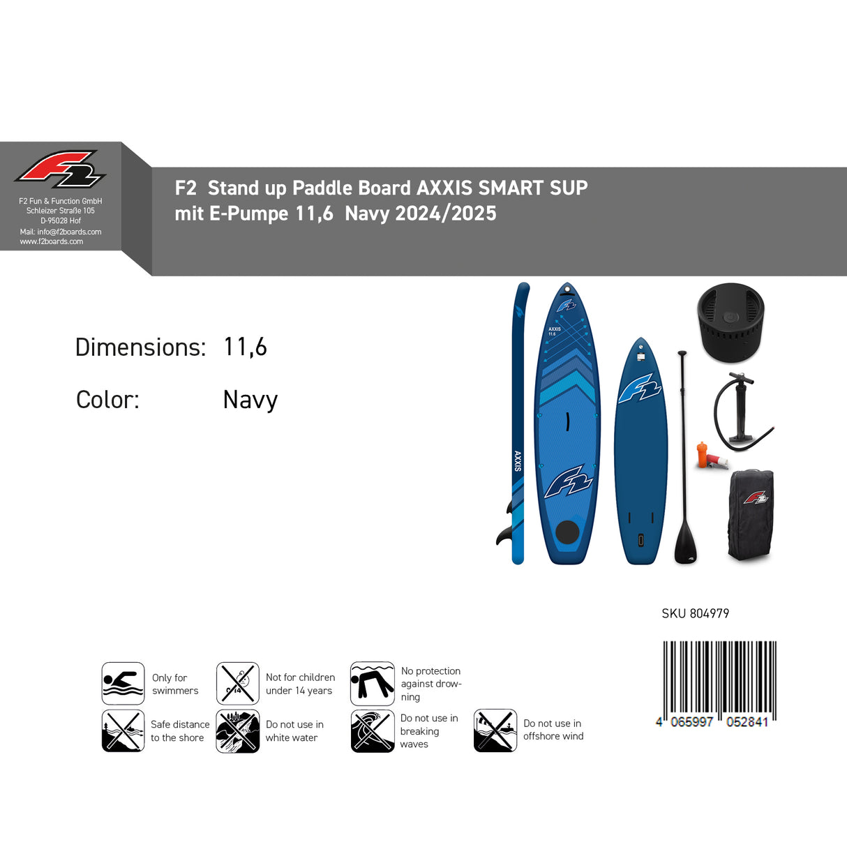 F2  Stand Up Paddle Board AXXIS SMART SUP mit E-Pumpe Größe wählbar Navy