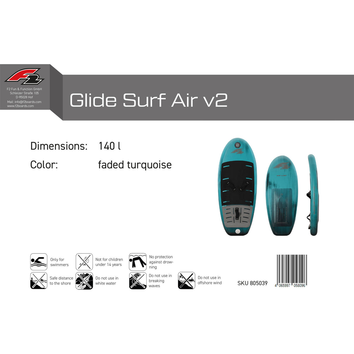 F2 Foil Board Glide Surf Air  120-160L Größe wählbar Türkis