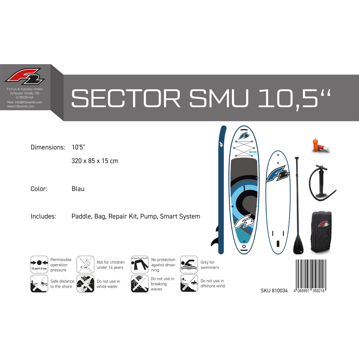 F2  SUP Stand Up Paddle Board Sector SMU Blau - Größe wählbar