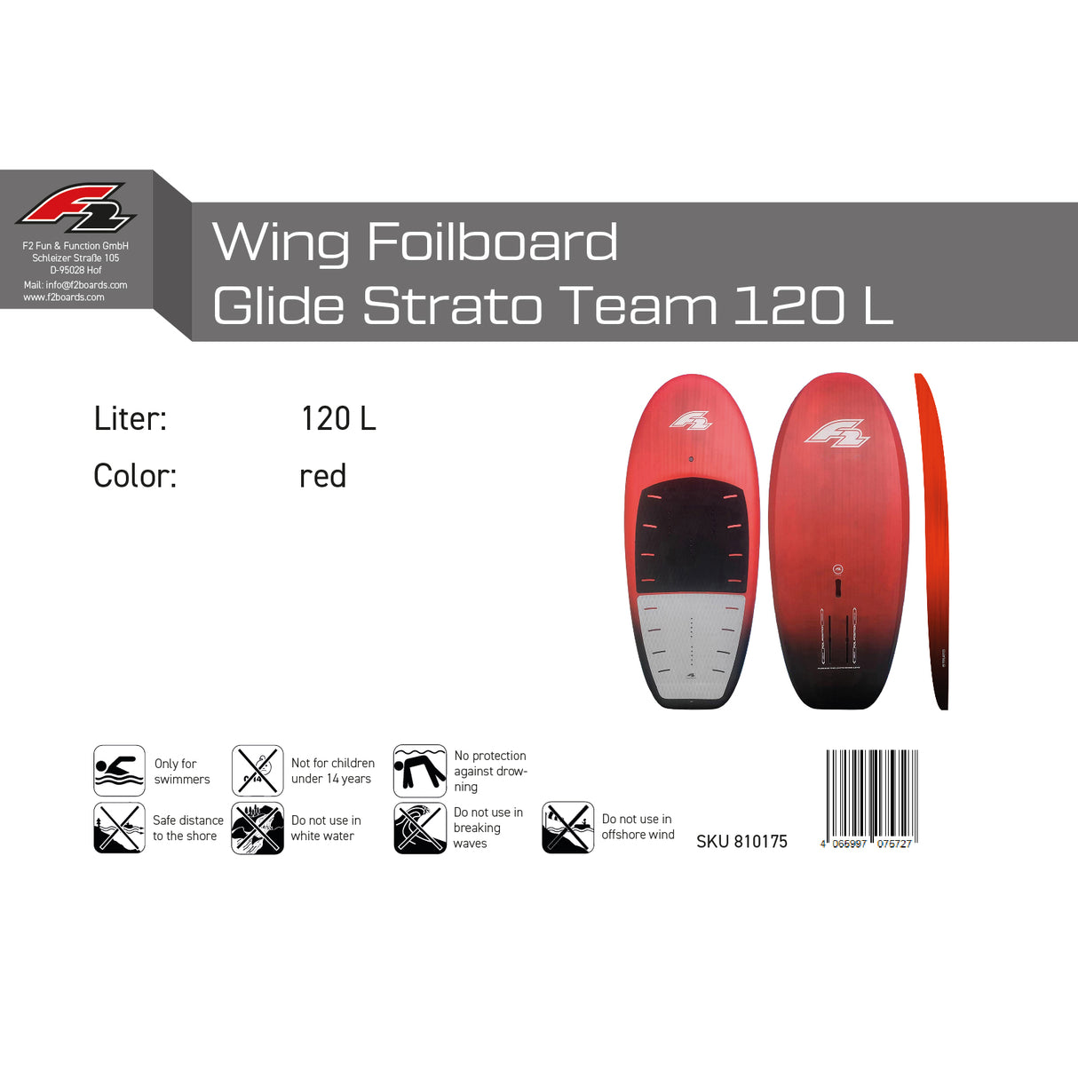 F2  Wing Foilboard Glide Strato Team Foil Board 120L Rot