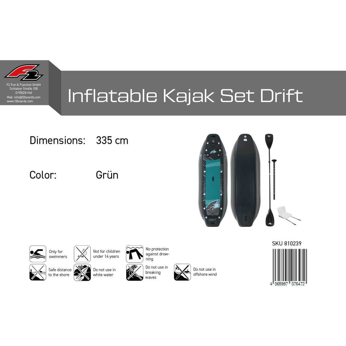 F2  Inflatable Kajak Set Drift Aufblasbar 335cm Grün